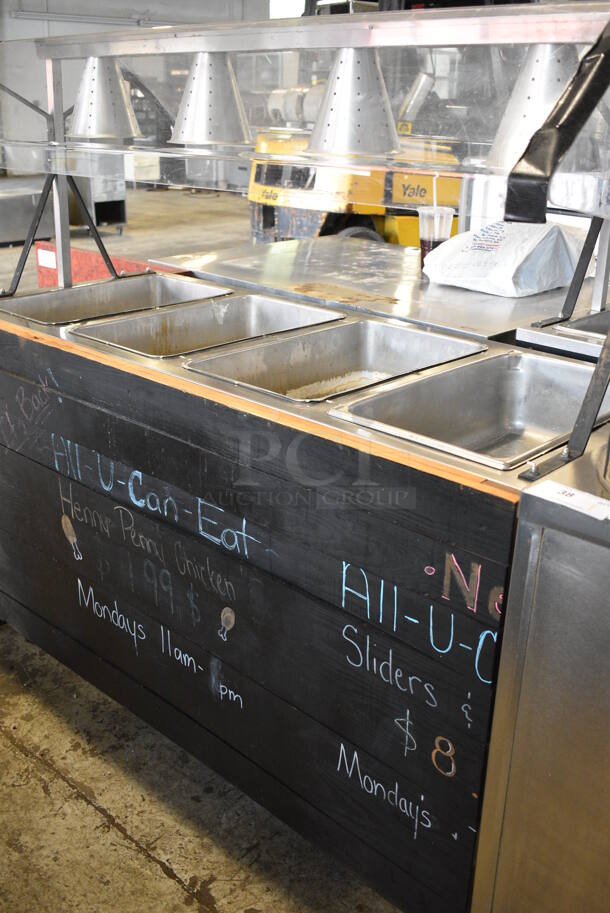 Stainless Steel Commercial 4 Well Steam Table w/ 4 Lamps and Sneeze Guard on Commercial Casters. 120 Volts, 1 Phase. 60x29x58. Cannot Test Due To Plug Style - Image 4 of 9
