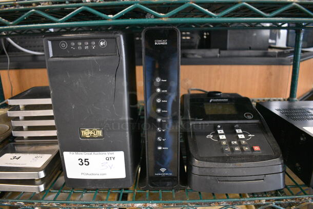 3 Various Items Including Tripp Lite, Comcast Router and Cashmaster. Includes 5x8x10. 3 Times Your Bid!
