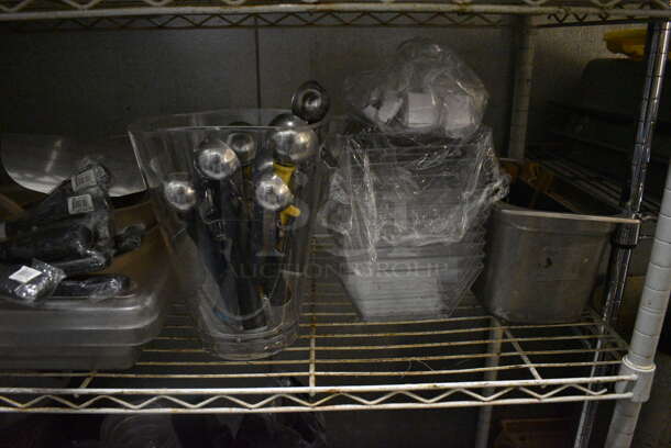 White Finish 5 Tier Shelving Unit w/ Contents Including White Ceramic Dishes, Baskets, Utensils. 48x18x74. BUYER MUST REMOVE. BUYER MUST DISMANTLE. PCI CANNOT DISMANTLE FOR SHIPPING. PLEASE CONSIDER FREIGHT CHARGES. (kitchen) - Image 7 of 11