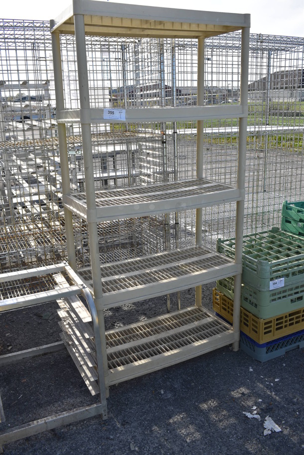 Tan Poly 5 Tier Shelving Unit. BUYER MUST DISMANTLE. PCI CANNOT DISMANTLE FOR SHIPPING. PLEASE CONSIDER FREIGHT CHARGES. 35.5x18x74 - Image 3 of 4