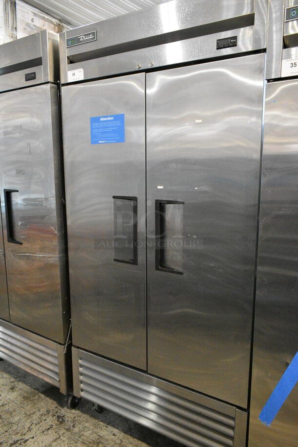 2018 True T-35-HC Stainless Steel Commercial 2 Door Reach In Cooler w/ Poly Coated Racks on Commercial Casters. 115 Volts, 1 Phase. Tested and Working! - Image 1 of 6