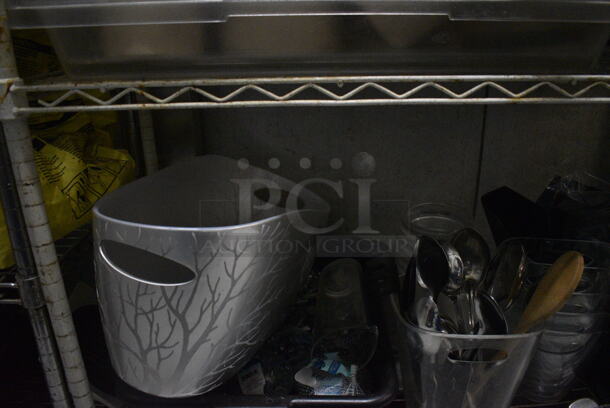 White Finish 5 Tier Shelving Unit w/ Contents Including White Ceramic Dishes, Baskets, Utensils. 48x18x74. BUYER MUST REMOVE. BUYER MUST DISMANTLE. PCI CANNOT DISMANTLE FOR SHIPPING. PLEASE CONSIDER FREIGHT CHARGES. (kitchen) - Image 9 of 11