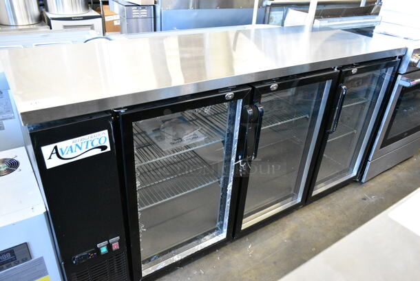 BRAND NEW SCRATCH AND DENT! 2024 Avantco 178UBB72GHC Stainless Steel Commercial 73" Black Counter Height Narrow Glass Door Back Bar Refrigerator with LED Lighting. See Pictures for Broken Glass. 115 Volts, 1 Phase. Tested and Working! - Image 1 of 8