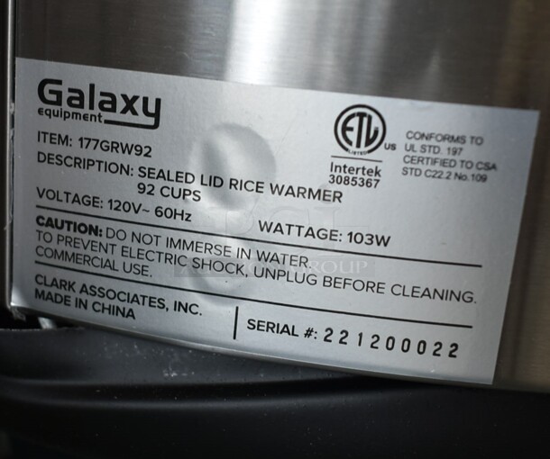 BRAND NEW SCRATCH AND DENT! 2022 Galaxy 177GRW92 Stainless Steel Commercial Countertop Sealed Lid Rice Warmer. 92 Cups. 120 Volts, 1 Phase. Tested and Working! - Image 6 of 6