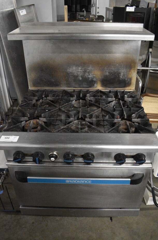 Radiance Stainless Steel Commercial Natural Gas Powered Floor Style 6 Burner Range w/ Oven, Over Shelf and Back Splash on Commercial Casters. 36x32x57