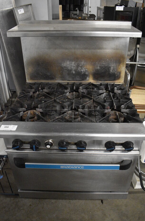 Radiance Stainless Steel Commercial Natural Gas Powered Floor Style 6 Burner Range w/ Oven, Over Shelf and Back Splash on Commercial Casters. 36x32x57 - Image 1 of 7