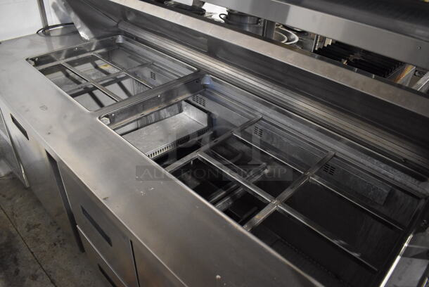 Randell 9050K-7M Stainless Steel Commercial Sandwich Salad Prep Table Bain Marie Mega Top w/ 2 Drawers, 2 Doors and Double Over Shelf on Commercial Casters. 115 Volts, 1 Phase. 84x33x68.5. Tested and Working! - Image 4 of 8