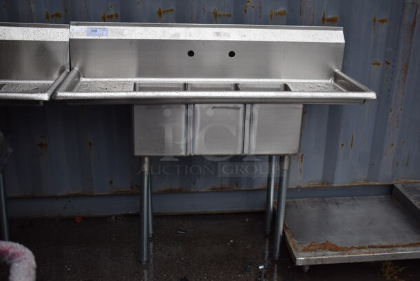 BRAND NEW SCRATCH AND DENT! Stainless Steel Commercial 3 Bay Sink w/ Dual Drain Boards. 54x21x45. Bays 10x14x10 - Image 1 of 3