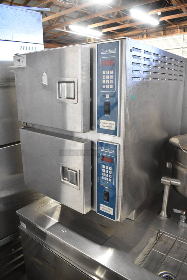 Cleveland Stainless Steel Commercial Natural Gas Powered 2 Deck Steam Cabinet w/ Cleveland KDT-6T Countertop 6 Quart Tilting Steam Kettle.  - Image 4 of 9