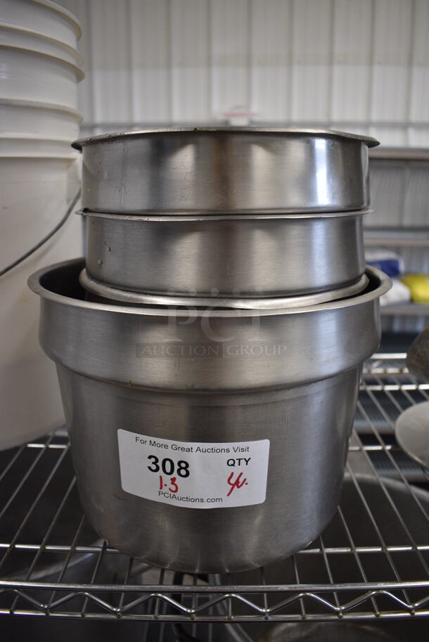 4 Stainless Steel Cylindrical Drop In Bins. 9.5x9.5x8, 11x11x8. 4 Times Your Bid!