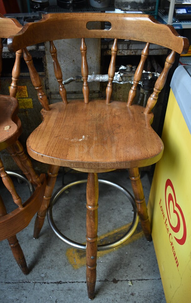 2 Wooden Bar Height Swivel Chairs. Stock Picture - Cosmetic Condition May Vary. 22x18x41. 2 Times Your Bid!
