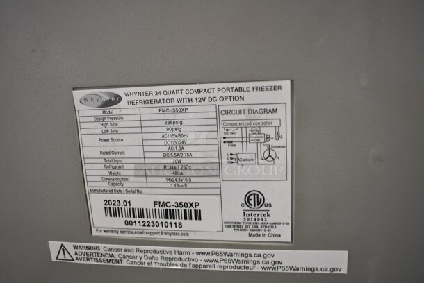 BRAND NEW SCRATCH AND DENT! Whynter FMC-350XP Metal Commercial Countertop 34 Quart Compact Fast Freeze Portable Refrigerator, Real Freezer for Car, Home, Camping, RV-8°F to 50°F. 110-120 Volts, 1 Phase. Tested and Working! - Image 6 of 6