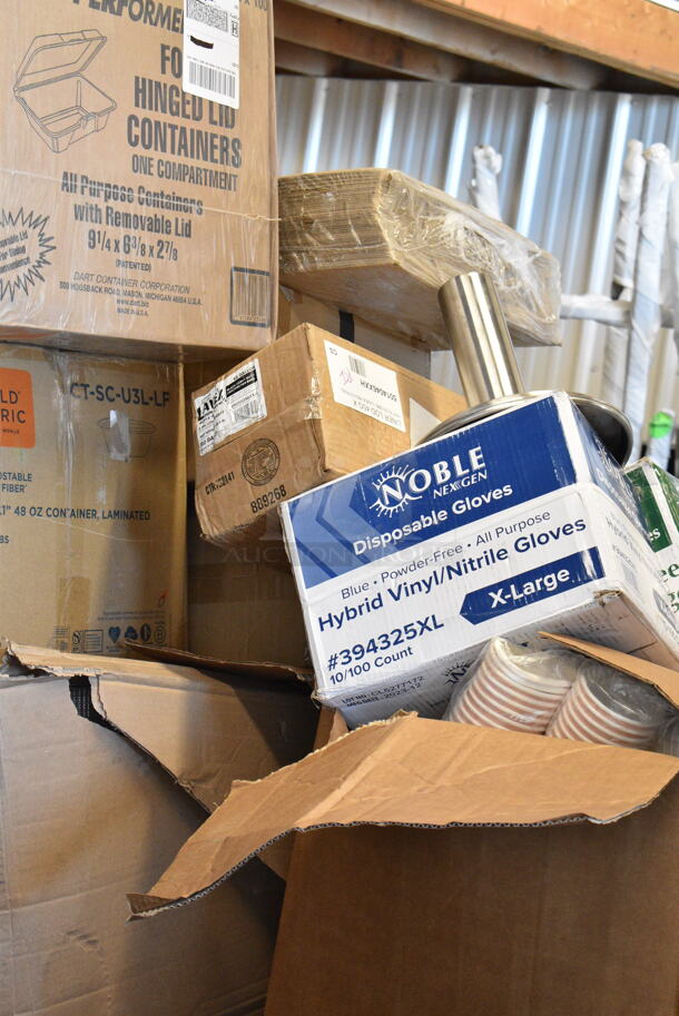 PALLET LOT of 15 BRAND NEW Boxes Including Dart 205HT1 White Foam Take Out Container with Perforated Hinged Lid 9" x 6" x 3" - 200/Case, CT-SC-U3L-LP World Centric 48 oz. PLA Lined Compostable Fiber Box - 400/Case, 394325XL Noble NexGen Powder-Free Disposable Blue Hybrid 3 Mil Thick Gloves - Extra Large - 1000/Case, 5014046XXH Lavex Pro 45 Gallon 3 Mil 40" x 46" Low Density Heavy-Duty Industrial Contractor Black Trash Bag / Can Liner - 50/Case, 394365L Noble Products Powder-Free Disposable Clear Vinyl Gloves for Foodservice - Large - 1000/Case, 245CB12PLN Choice 12" x 12" x 2" Kraft Customizable Corrugated Plain Pizza Box - 50/Case, 2 Box 129MCR50B Choice 43 oz. Black Round Microwavable Heavy Weight Container with Lid 9" - 150/Case. 15 Times Your Bid!  - Image 3 of 11