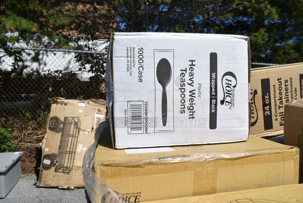 PALLET LOT of 33 BRAND NEW Boxes Including 130WBKSPOONH Choice Black Heavy Weight Wrapped Plastic Teaspoon - 1000/Case, 129MCS28B Choice 28 oz. Black Rectangular Microwavable Heavy Weight Container with Lid 8 3/4" x 6 1/4" x 1 3/4" - 150/Case, 2 Box 128HD8COMBO ChoiceHD 8 oz. Microwavable Translucent Plastic Deli Container and Lid Combo Pack - 240/Case, 129MCS242CB Choice 30 oz. Black 8 3/4" x 6" x 2 3/4" 2-Compartment Rectangular Microwavable Heavy Weight Container with Lid - 150/Case, 2 Box 130WHSPOONH Choice White Heavy Weight Plastic Teaspoon - 1000/Case, 130BKFKSNH Choice Black Heavy Weight Wrapped Plastic Cutlery Pack with Napkin - 500/Case, 500TO993C3 Choice 9" x 9" x 3" Microwaveable 3-Compartment Black / Clear Plastic Hinged Container - 100/Case, 795PTOBK8 Choice Black Microwavable Folded Paper #8 Take-Out Container 6" x 4 3/4" x 2 1/2" - 300/Case, 127P2C Choice Clear Plastic Souffle Cup / Portion Cup - 2 oz. - 2500/Case, 4 Box 130BFORKWP Choice Individually Wrapped Medium Weight Black Plastic Fork - 1000/Case, 795PTOKFT8 Choice Kraft Microwavable Folded Paper #8 Take-Out Container 6" x 4 3/4" x 2 1/2" - 300/Case, 612D3COMP Choice 8 1/2"x 6 3/8" 3-Compartment Oblong Foil Take-Out Container with Board Lid - 250/Case, 795PTOBK8 Choice Black Microwavable Folded Paper #8 Take-Out Container 6" x 4 3/4" x 2 1/2" - 300/Case, 127CH04 Choice 4 oz. Clear RPET Hinged Deli Container - 400/Case, 347BP10C3BK Choice 10 1/4" 3-Compartment Black Plastic Plate - 500/Case. 33 Times Your Bid!  - Image 2 of 12