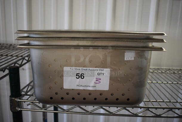 3 BRAND NEW! Stainless Steel Perforated Full Size Drop In Bins. 1/1x6. 3 Times Your Bid!
