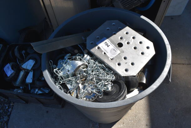 ALL ONE MONEY! Lot of Various Items Including Commercial Casters and Chain in Gray Poly Trash Can. 19x16x23 - Image 4 of 4