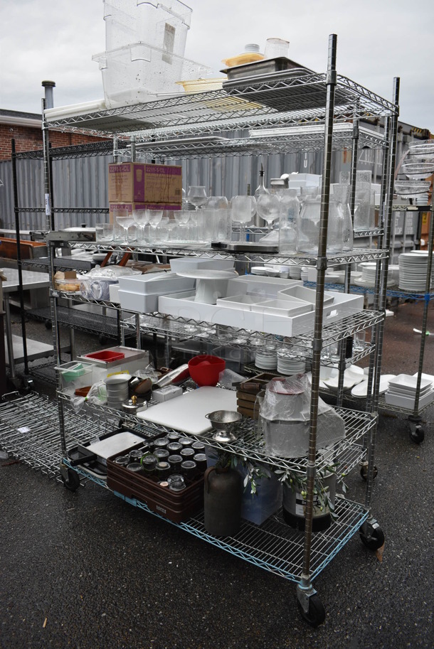 ALL ONE MONEY! Lot of 5 Tiers of Various Smallwares Including White Ceramic Dishes, Glassware, Poly Bins and Food Processor Piece. Does Not Include Shelving Unit - Image 1 of 7