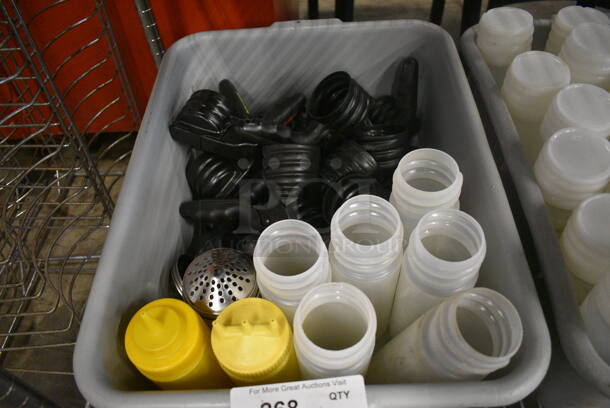 ALL ONE MONEY! Lot of 2 Gray Poly Bins of Various Items Including 30 Condiment Bottles and Lids - Image 3 of 3
