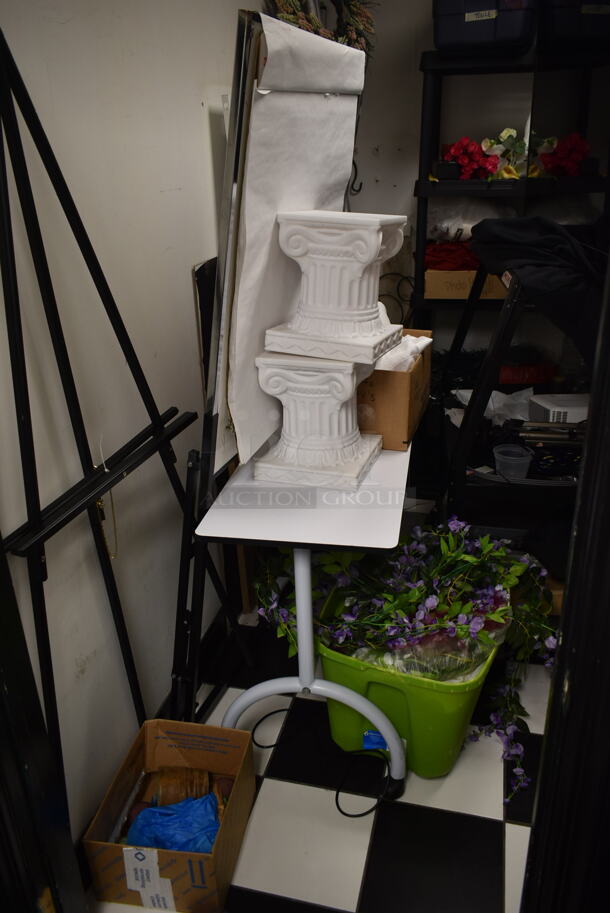 ALL ONE MONEY! ROOM LOT of Various items Including Shelving, Decorations, Bins and Decorative Columns. BUYER MUST REMOVE. (ballroom hallway) - Image 2 of 11