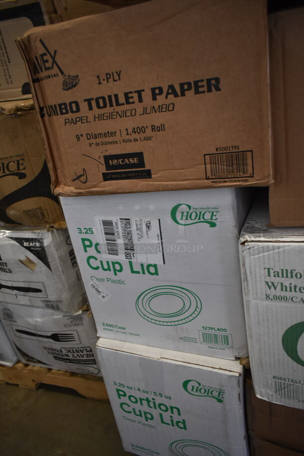 PALLET LOT of 30 BRAND NEW Boxes Including 24515112CB Baker's Mark White CustomizBLE Auto-Popup Donut/Bakery Box, 129MCS28W Choice 28 oz. White 8 3/4" x 6 1/4" x 1 3/4" Rectangular Microwavable Heavy Weight Container with Lid - 150/Case, 4 Boxes 130TASTERSP Choice 3" White Plastic Tasting Spoon - 3000/Case, 129MCS12B Choice 12 oz. Black 6" x 4 3/4" x 1 3/4" Rectangular Microwavable Heavy Weight Container with Lid - 150/Case, 966TALLFLDB Choice White Tall-Fold 6" x 13" Dispenser Napkin - 8000/Case, 357EQUALIZ14 FLAT Tech Equalizers 1/4"-20 Thread Black Table Leveler - 4/Pack - From Group (OD Kit) 349C3024SEQ, 5001TPJ Lavex 1-Ply Jumbo 1400' Toilet Paper Roll with 9" Diameter - 12/Case, 2 Box 127PL400 Choice PET Plastic Lid for 3.25 to 5.5 oz. Souffle Cup / Portion Cup - 2500/Case, 2451282CB Baker's Mark 12" x 8" x 2 1/4" White Customizable Auto-Popup Donut / Bakery Box - 200/Case. 30 Times Your Bid! - Image 9 of 12