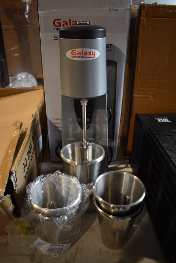 BRAND NEW SCRATCH AND DENT IN BOX! Galaxy 177SDM400 Metal Commercial Countertop Single Spindle Drink Mixer w/ 5 Stainless Steel Mixing Cups. 120 Volts, 1 Phase. 6x8x21. Tested and Working!
