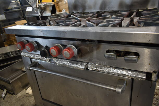 Garland SunFire X36-6R Stainless Steel Commercial Natural Gas Powered 6 Burner Range w/ Oven, Back Splash and Over Shelf. - Image 5 of 8