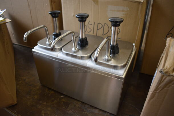 BRAND NEW! Servsense Stainless Steel Countertop Condiment Rail w/ 3 White Poly Drop Ins and 3 Pump Lids. 14.5x12x13 - Image 2 of 5