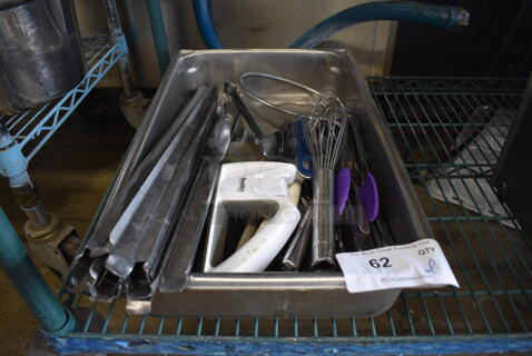 ALL ONE MONEY! Lot of Various Utensils Including Whisk, Adapter Bars and Strainer in Stainless Steel Full Size Bin!