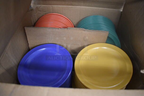 ALL ONE MONEY! Lot of 48 BRAND NEW IN BOX! Various Colored Poly Plates; 12 Blue, 12 Yellow, 12 Orange and 12 Green. 5.5