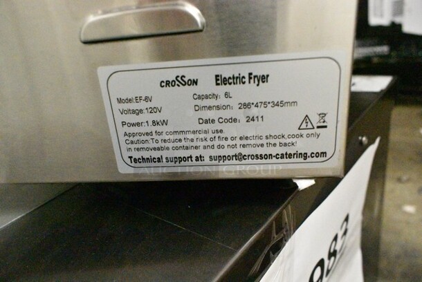 BRAND NEW SCRATCH AND DENT! 2024 Crosson EF-6V Stainless Steel Commercial Countertop Electric Powered Fryer w/ Metal Fry Basket and Lid. 120 Volts, 1 Phase. - Image 6 of 6