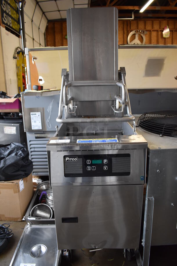 2011 Pitco Frialator SFSG6H Stainless Steel Commercial Floor Style Natural Gas Powered Deep Fat Fryer w/ Automatic Lifting System on Commercial Casters. 140,000 BTU. 20x34.5x69 - Image 2 of 8