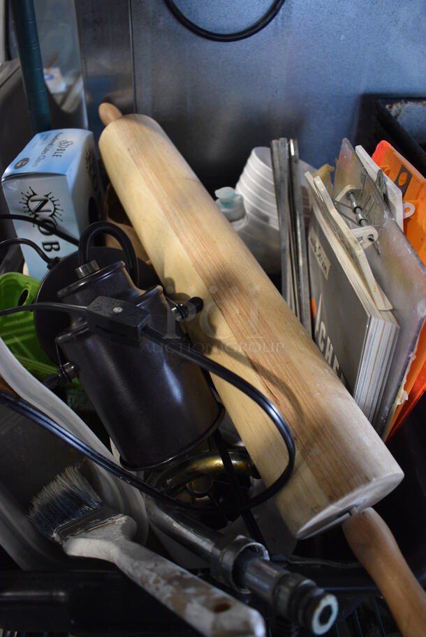 ALL ONE MONEY! Lot of Various Items Including Rolling Pin and Gloves in Black Poly Bus Bin! - Image 4 of 4