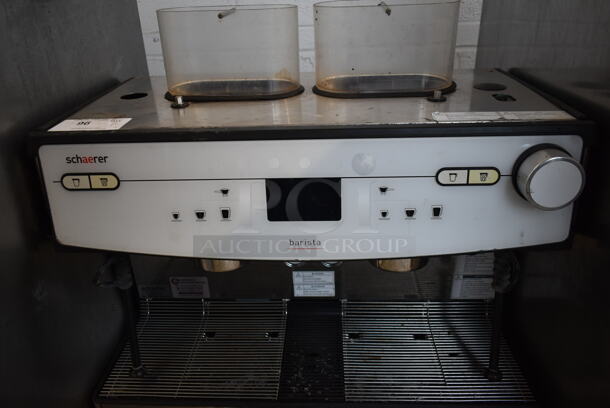 2018 Schaerer Barista Stainless Steel Commercial Countertop 2 Group Espresso Machine w/ 2 Steam Wands and 2 Hoppers. Missing Hopper Lids. 208/240 Volts, 1 Phase.
 - Image 3 of 5