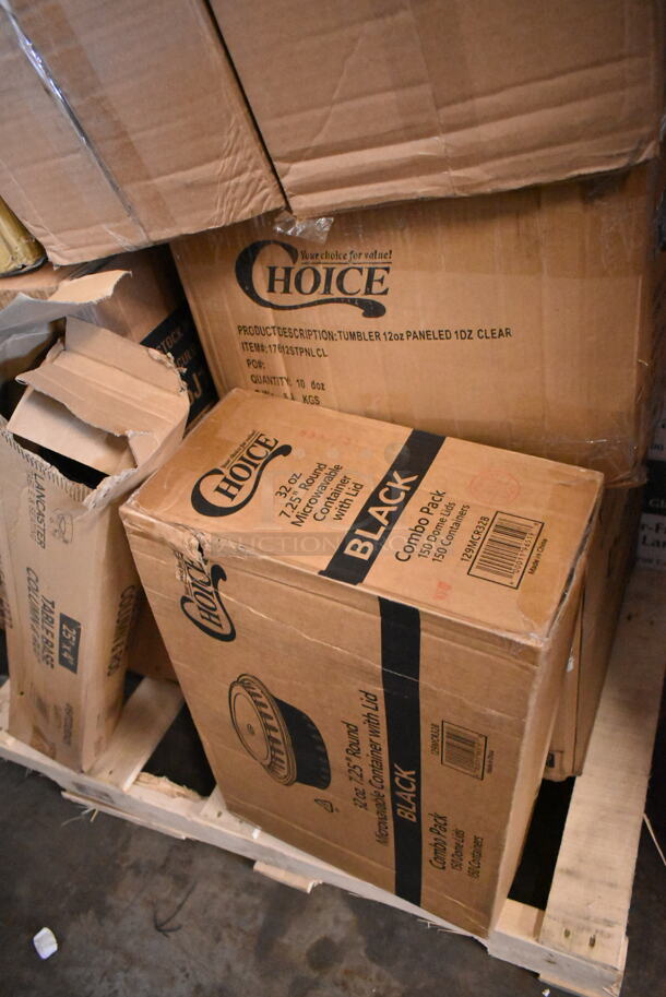 PALLET LOT of 21 BRAND NEW Boxes Including 2 Box Choice Tallfold Dispenser Napkins, 129MCR32B Choice 32 oz. Black Round Microwavable Heavy Weight Container with Lid 7 1/4" - 150/Case, 17612STPNLCL Choice 12 oz. Clear SAN Plastic Paneled Tumbler - 12/Pack, 127CH24 Choice 24 oz. Clear RPET Hinged Deli Container - 200/Case, 612605070HD Choice Full Size Heavy-Duty Foil Steam Table Pan Deep 3 3/8" Depth - 50/Case, Dart 16J16 16 oz. White Customizable Foam Cup - 1000/Case, 128HD16COMBO ChoiceHD 16 oz. Microwavable Translucent Plastic Deli Container and Lid Combo Pack - 240/Case. 21 Times Your Bid! - Image 4 of 8