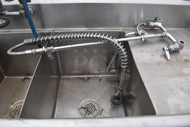 Stainless Steel Commercial 3 Bay Sink w/ 2 Faucets, 2 Handle Set Ups and 2 Spray Nozzle Attachments. 84x27x44. Bays 16x21x14. Drain Boards 16x23x1 - Image 7 of 7