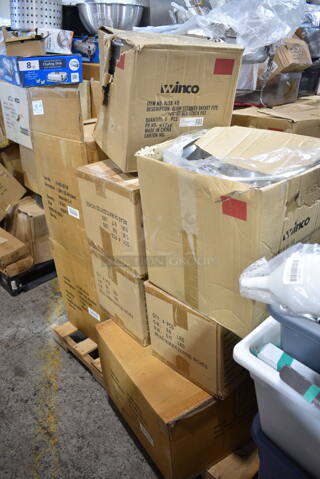 PALLET LOT of 14 BRAND NEW! Boxes Including Winco ALSB40 Aluminum Steamer Baskets, 2 Box F-KS-6016 Utensils Set, 3 Box Winco Roaster Pan. 14 Times Your Bid!