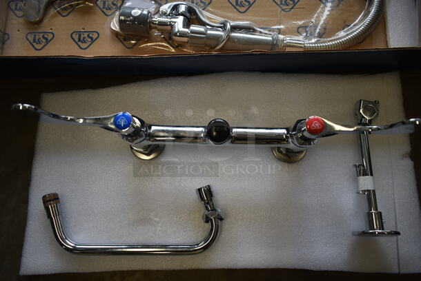 BRAND NEW SCRATCH AND DENT! T&S MPY-8DWN-08-CR EasyInstall Deck Mounted 24 3/4" High Mini Pre-Rinse Faucet with Adjustable 8" Centers, Low Flow Spray Valve, 4" Wrist Action Handles, 24" Hose, 8" Add-On Faucet, and 6" Wall Bracket - Image 4 of 6