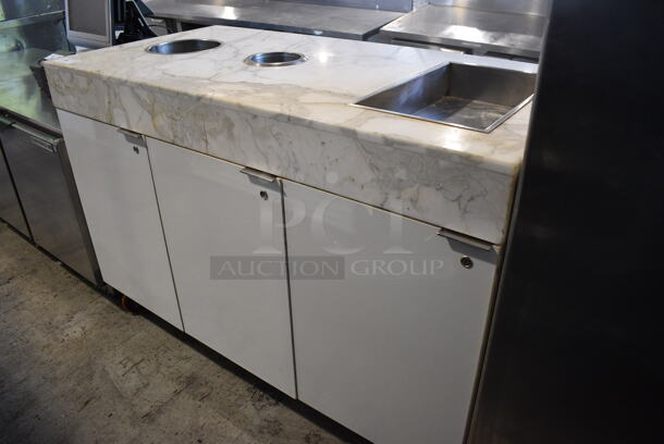White Cabinet w/ Stone Countertop, 2 Trash Deposit Holes, 3 Doors and 2 Trash Cans on Commercial Casters. 60x30x42 - Image 2 of 7