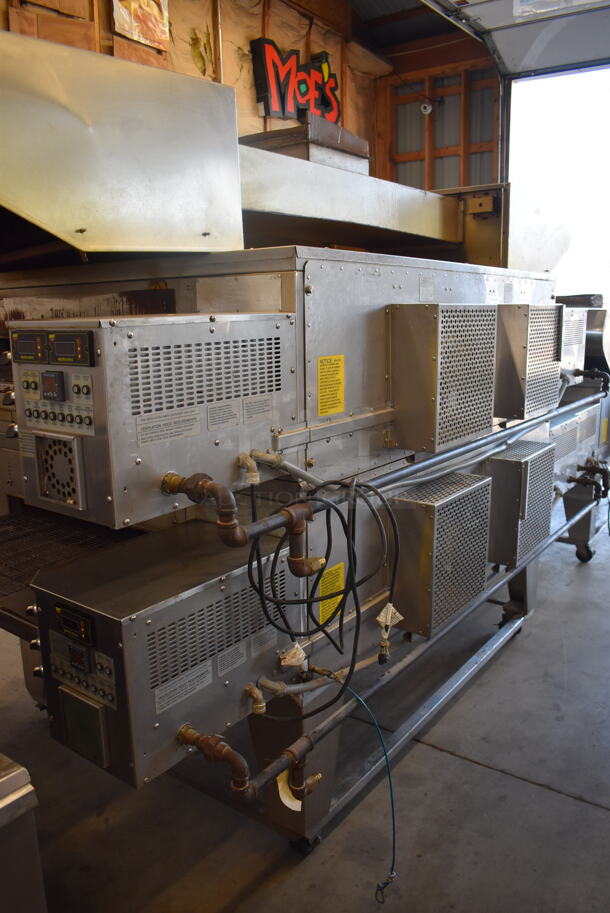 2 XLT 3270 Stainless Steel Commercial Natural Gas Powered Conveyor Pizza Oven on Commercial Casters. Comes w/ Hood / Vent. 180,000 BTU. 113x53x63, 99x37x22. 2 Times Your Bid! Picture of the Unit Before Removal Is Included In the Listing. - Image 11 of 12