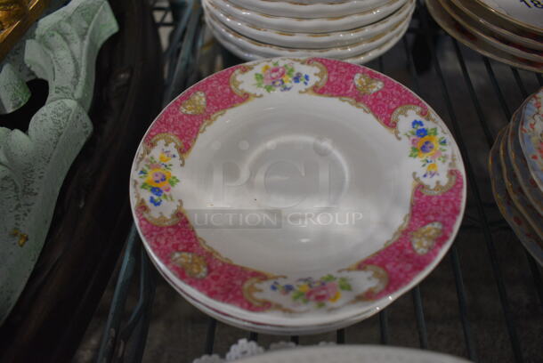 5 White Ceramic Saucers w/ Pink Rim. 6x6x1. 5 Times Your Bid!