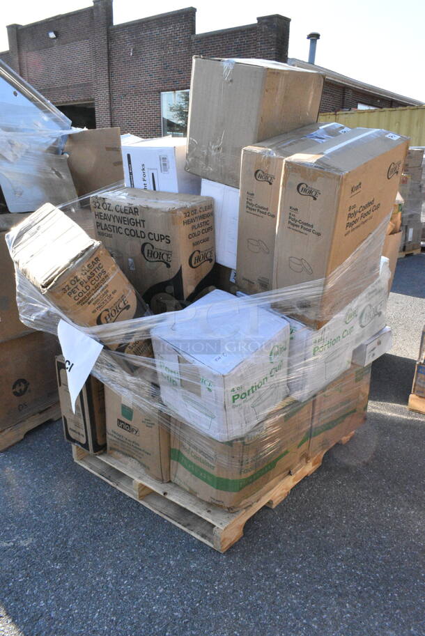 26 BRAND NEW Boxes Including 2 Box 795PLAKFT4 EcoChoice 7 7/8" x 5 1/2" x 3 1/2" Kraft PLA Lined Compostable #4 Take-Out Container - 160/Case, 127P400C 4 oz. Clear Plastic Souffle Cup / Portion Cup, 500CC32P Choice Clear PET Plastic Cold Cup - 32 oz. - 500/Case, 500CC32PHD Choice Heavy Duty 32 oz. Pedestal Heavy Weight Clear PET Plastic Cold Cup - 500/Case, 2 Box 760SOUP8KPA Choice 8 oz. Kraft Poly-Coated Paper Food Cup with Vented Paper Lid - 250/Case, 130WBKFORKH Choice Black Heavy Weight Wrapped Plastic Fork - 1000/Case, 127P400C Choice 4 oz. Clear Plastic Souffle Cup / Portion Cup - 2500/Case, 966TALLFLDN Choice Kraft Natural Tall-Fold 6" x 13" Dispenser Napkin - 8000/Case, 760SOUP3KPA Choice 32 oz. Kraft Poly-Coated Paper Food Cup with Vented Paper Lid, 433NHT101 Choice 1/6 Standard Size White "Thank You" Standard-Duty Plastic T-Shirt Bag - 700/Case, 130BKFKSX500 Choice Black Extra Heavy Weight Wrapped Plastic Cutlery Pack - 500/Case, 130WBKFORKH Choice Black Heavy Weight Wrapped Plastic Fork - 1000/Case, 128HD8COMBO Choice Heavy Duty 8 oz. Microwavable Translucent Plastic Deli Container and Lid Combo Pack, 130WHSPOONWX Choice White Extra Heavy Weight Wrapped Plastic Teaspoon - 1000/Case. 26 Times Your Bid!  - Image 1 of 12