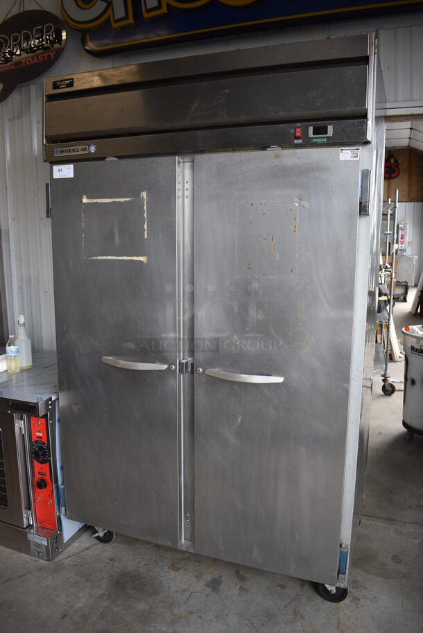 Beverage Air Model HR2-1S Stainless Steel Commercial 2 Door Reach In Cooler w/ Poly Coated Racks on Commercial Casters. 115 Volts, 1 Phase. 52x32x84. Tested and Working!