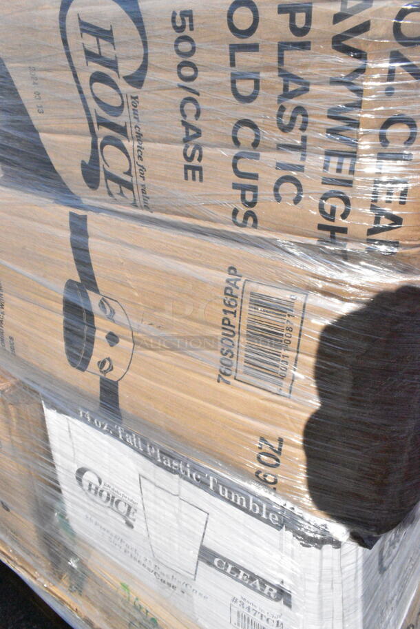 26 BRAND NEW Boxes Including 500TW5 Choice 5 oz. Translucent Thin Wall Plastic Cold Cup - 2500/Case, 485PCOLBK EcoChoice 8 1/2" Black Colossal Unwrapped Paper Straw - 1500/Case, 500TO883 Choice 8" x 8" x 3" Microwaveable 1-Compartment Black / Clear Plastic Hinged Container - 100/Case, 164CUSHMTLDW Lancaster Table &amp; Seating Distressed Driftwood Wood Seat for Metal Frame Seating, 347TCL14 Choice 14 oz. Clear Disposable Plastic Tumbler - 500/Case, 760SOUP16PAP Choice 16 oz. Double Poly-Coated Paper Soup / Hot Food Cup with Black Vented Paper Lid - 250/Case, 500CC32PH Choice HD 32 oz. Pedestal Heavy Weight Clear PET Plastic Cold Cup - 500/Case, 395RP10C EcoChoice Compostable Sugarcane / Bagasse 10" Plate 3 Compartment - 500/Case, 346WKFSNM Choice Medium Weight White Wrapped Plastic Cutlery Set with Napkin - 250/Case, 5013339 Lavex Hercules 33 Gallon 2 Mil 33" x 39" Low Density Heavy-Duty Black Can Liner / Trash Bag - 100/Case. 26 Times Your Bid!  - Image 10 of 12