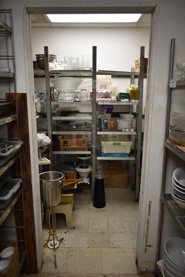 ALL ONE MONEY! ROOM LOT of Various items Including Shelving Units and Contents Including Warming Lamps, Ice Bucket, Vases. BUYER MUST REMOVE. (dish room) - Image 1 of 7