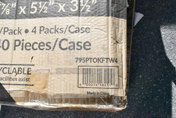 15 BRAND NEW Boxes Including 500CC20 Choice Clear PET Customizable Plastic Cold Cup - 20 oz. - 600/Case, 795PTOKFTW4 Choice Kraft Folded Paper #4 Take-Out Container with Window 7 3/4" x 5 1/2" x 3 1/2" - 140/Case, Bare by Solo 4BR-2050 Eco-Forward 4 oz. White Rolled Rim Paper Cone Cup with Poly Bag Packaging - 5000/Case, 612BG23SMALL Choice HD Smoothwall Black andGold Takeout Pan, 433NHT101 Choice 1/6 Standard Size White "Thank You" Medium-Duty Plastic T-Shirt Bag - 1000/Case, 978LAVP20FB Lavex Black Nylon Floor Scrubbing Brush, Cone Cups. 15 Times Your Bid!  - Image 3 of 12
