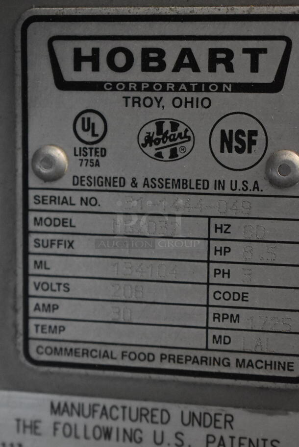 Hobart MG2032 Metal Commercial Floor Style Electric Powered Meat Mixer Grinder w/ Foot Pedal on Commercial Casters. 208 Volts, 3 Phase. Tested and Working! - Image 7 of 7