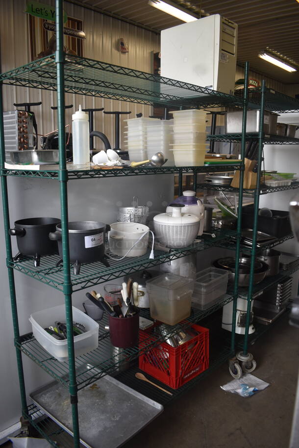 Metro Lot Including Plastic Drop In Bins, Salad Spinner, Computer, Cooking Utensils, Cutting Boards, Airpots and Much More! Metro Shelf Not Included.  - Image 1 of 6