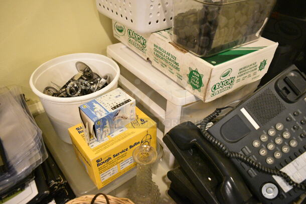Dining Height Folding Table w/ Contents Including Basket, Corded Office Telephones, Metal Bins. (main dining room) - Image 4 of 5