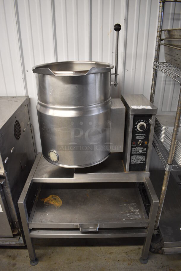 Crown Model EC-10TW Stainless Steel Commercial Countertop Electric Powered 10 Gallon Tilting Steam Kettle on Stand. 208 Volts, 3 Phase. 29.5x24x54