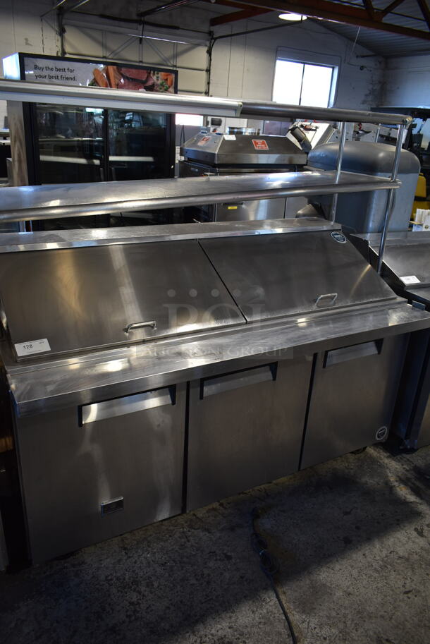 Kelvinator KCMT70.30-HC Stainless Steel Commercial Sandwich Salad Prep Table Bain Marie Mega Top w/ 2 Tier Over Shelf on Commercial Casters. 115 Volts, 1 Phase. Tested and Powers On But Does Not Get Cold - Image 1 of 11
